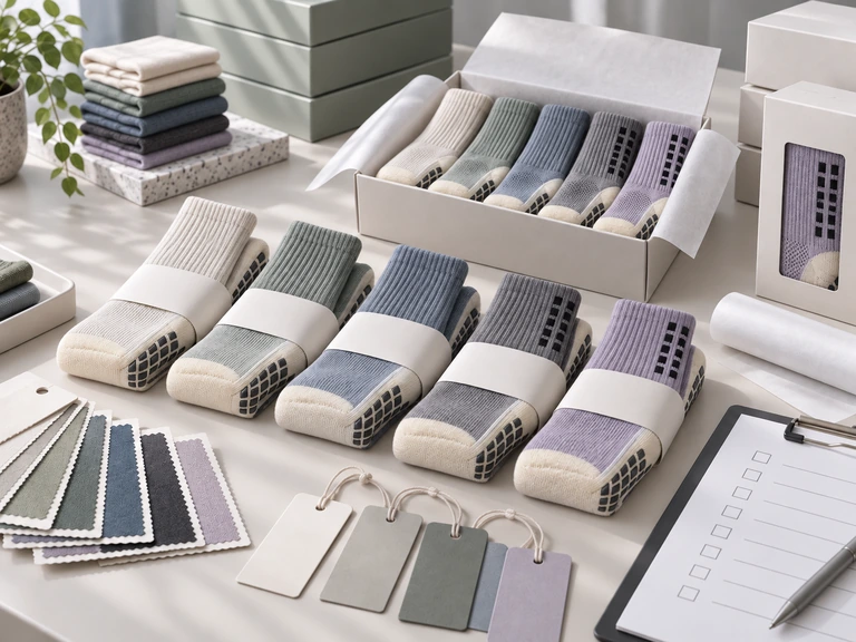 Morandi athletic crew sock pairs with paper bands, retail cartons and packaging reference materials