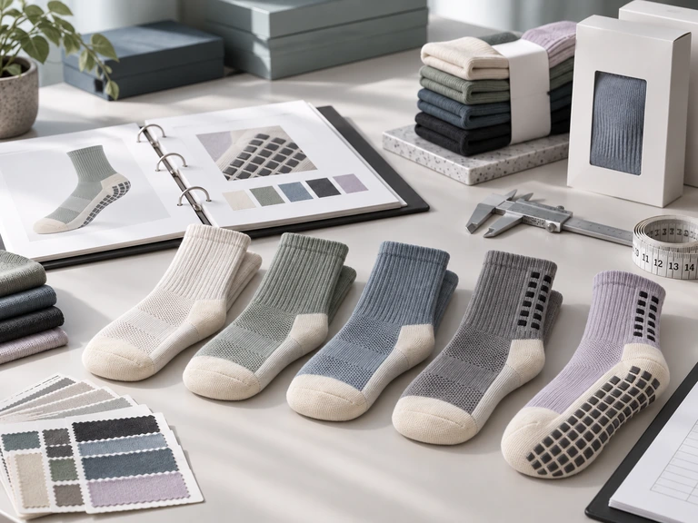 Morandi athletic crew sock samples, a construction reference binder and measuring tools for repeat orders