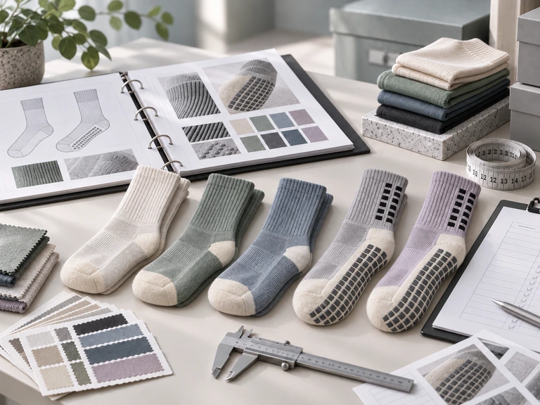 Athletic crew socks with complete rectangular sole grips beside quality inspection records, swatches and tools