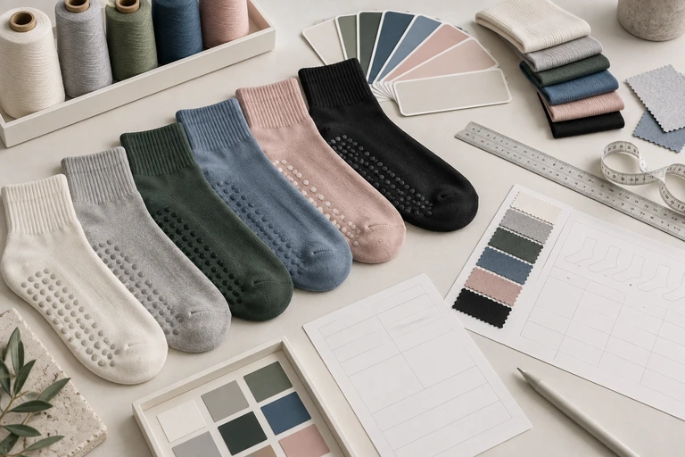 Grip sock colour planning with yarn cones, swatches and product samples