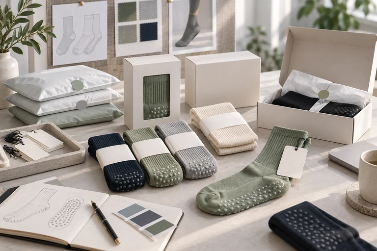 Private label sock packaging development with boxes, bands, bags and hangtags