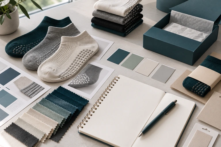 Grip sock product samples with design references and packaging development materials