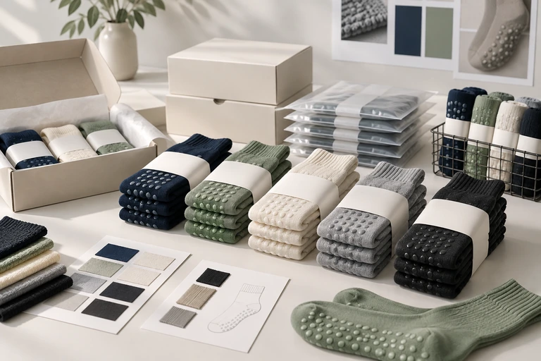 Multi-SKU grip sock assortment arranged with packaging for sample and order planning