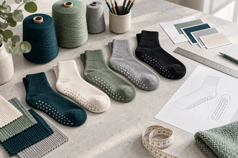 Grip sock sample development worktable with yarn, colours, references and product planning materials