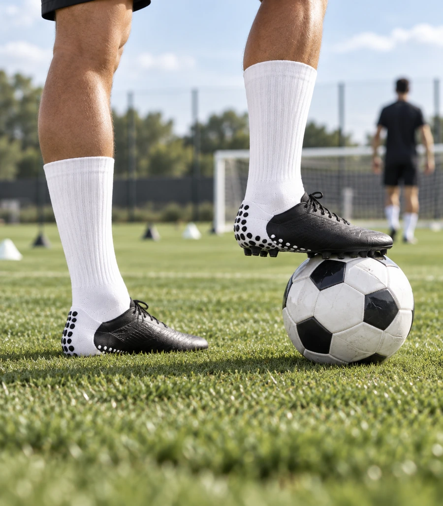 Football player wearing white grip socks during a pitch training session