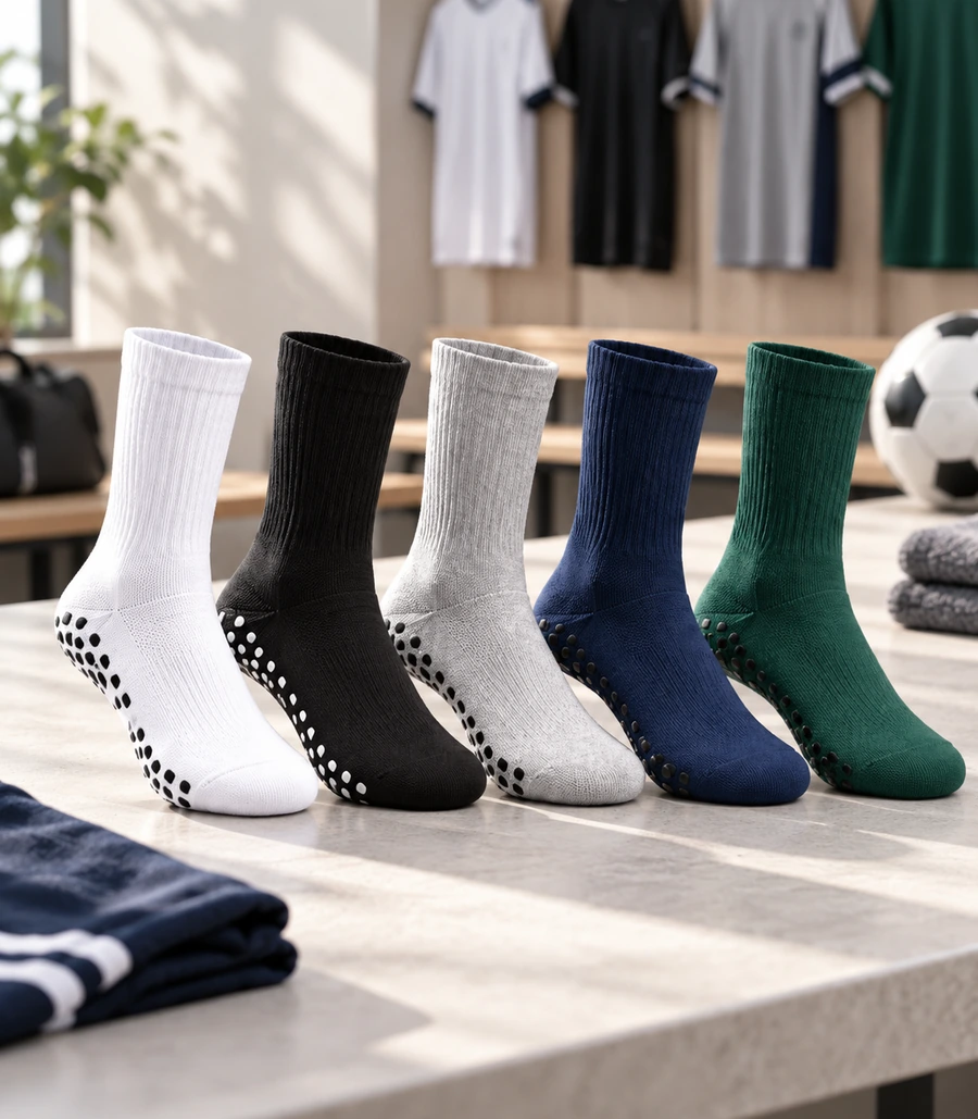 Teamwear grip sock range in white, black, grey, navy and green for club and football programs