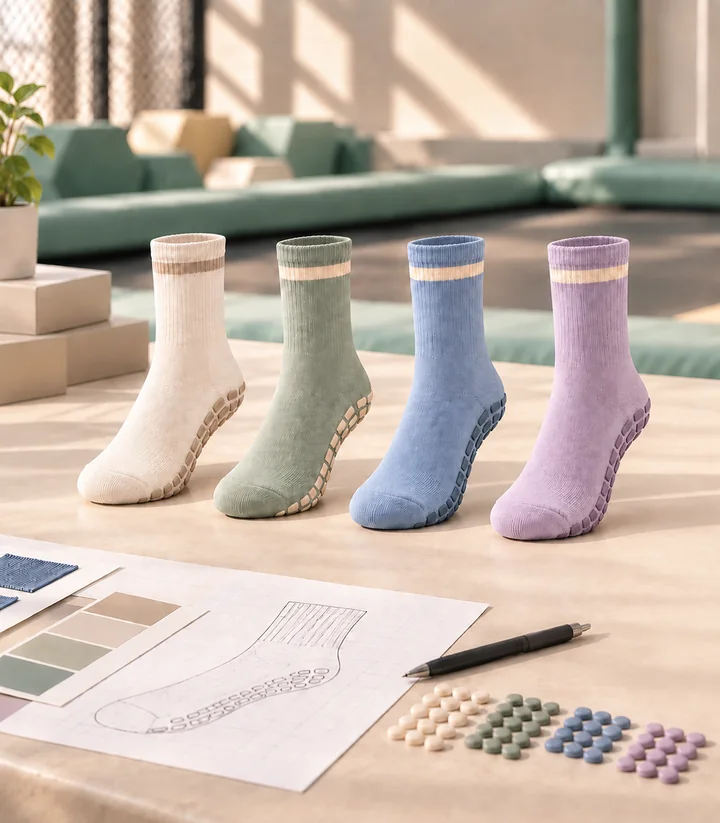 Trampoline park grip sock range in coordinated cream, green, blue and lavender colour directions