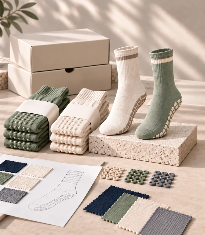 Grip sock stock and packaging plan with multiple colours prepared for repeat venue orders