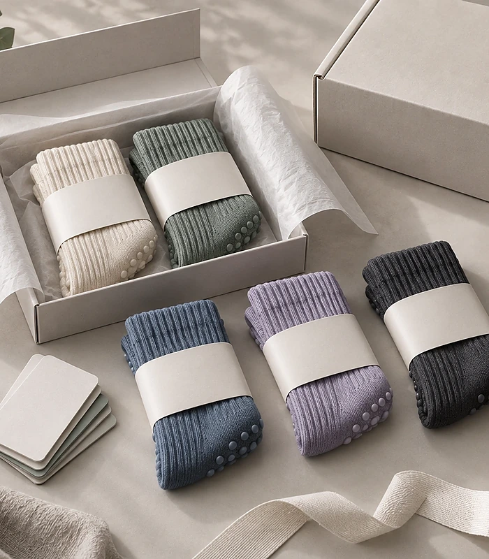 White label grip socks presented with neutral bands and retail packaging for a branded launch