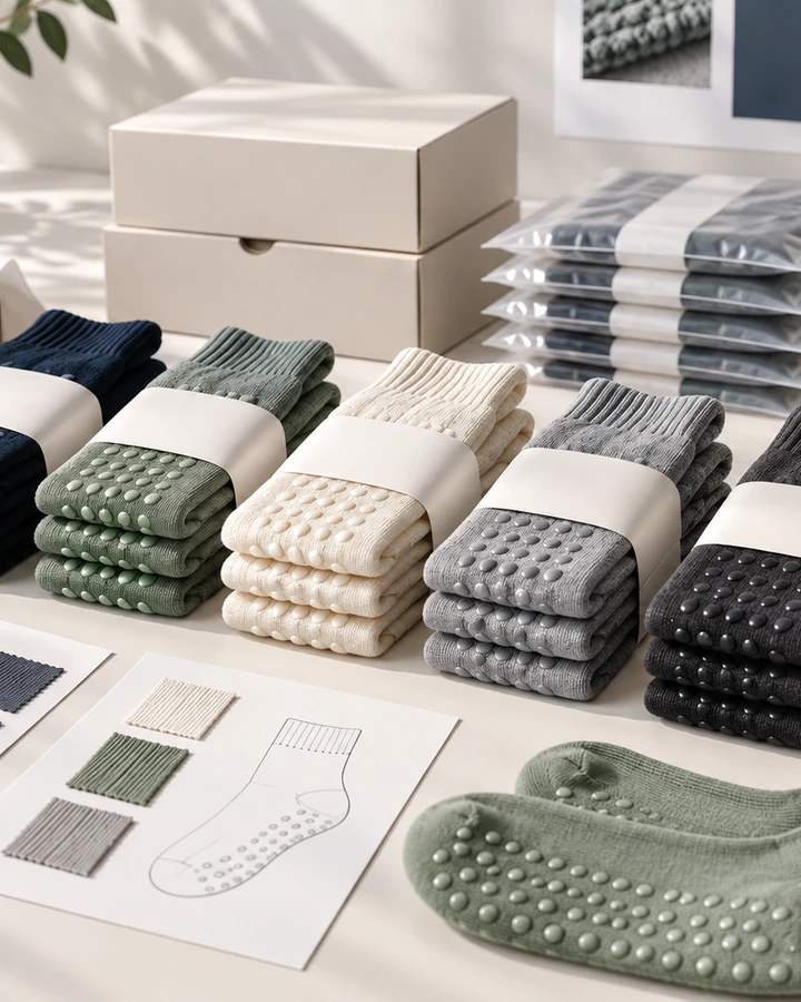Approved grip sock colourways, packaging, swatches and sample records prepared for white label reorders and controlled brand growth