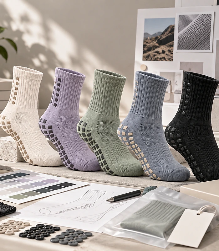 White label grip sock development range with colour references, packaging materials and product planning tools