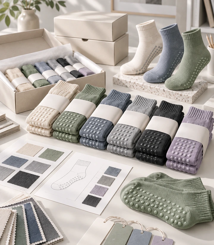 Approved wholesale grip sock assortment with controlled colours, packaging, swatches and repeat-order planning references