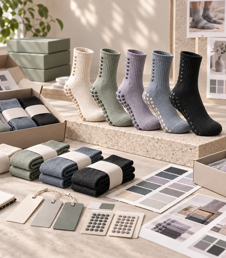 Wholesale grip sock channel presentation with retail packs, colour references, packaging and controlled product variants