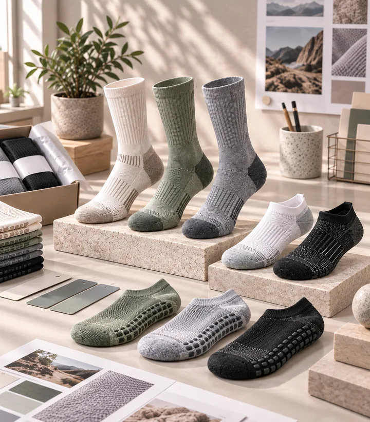 Wholesale grip sock assortment with multiple silhouettes, controlled colours, packaging references and product planning materials